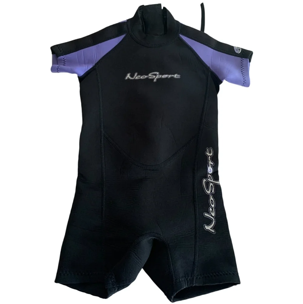 NeoSport Kids 2mm Wetsuit Size 4 Purple Retro Coastal Shorty‎ Surf Swim Snorkel